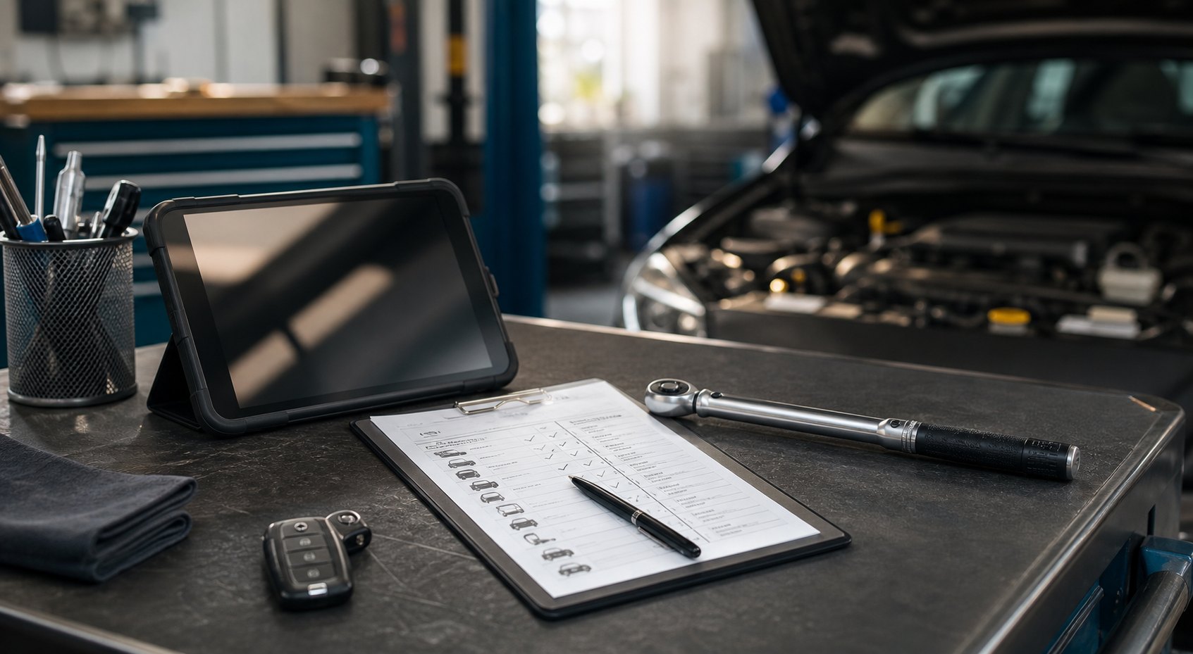 Diagnostic table with a checklist and tools in a service shop